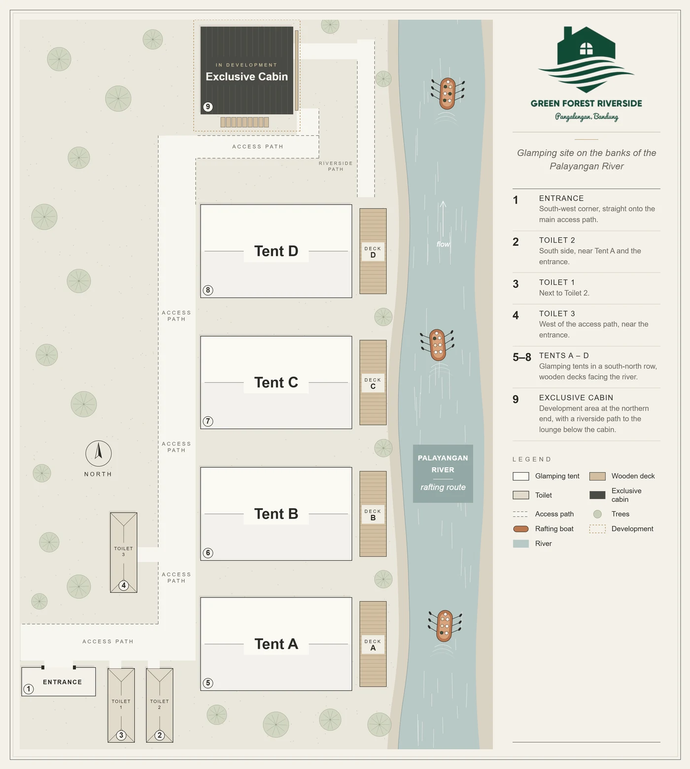 Site plan of Green Forest Riverside glamping on the banks of the Palayangan River, showing four tents, toilets, the entrance and the exclusive cabin area
